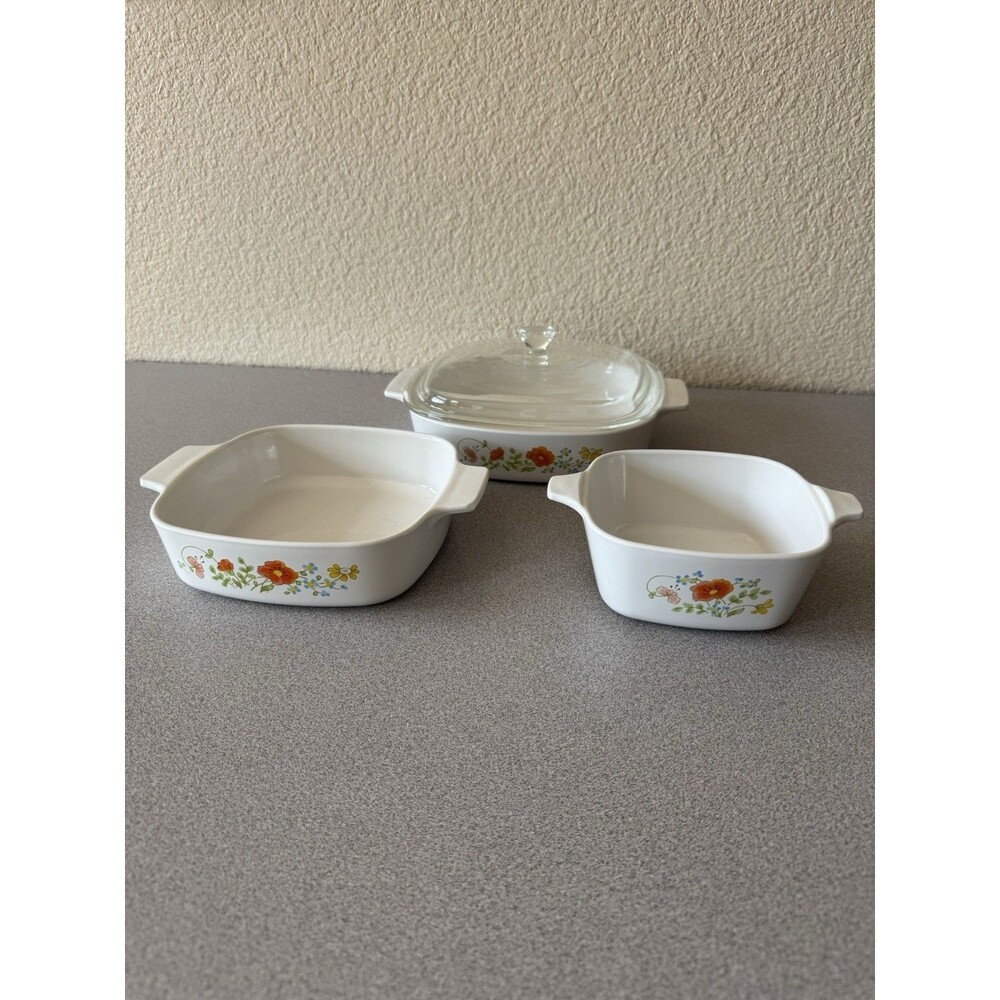 Vintage CorningWare Wildflower 3 Pc Casserole Set A-8-B A-1-B P-43-B w/ Lid
